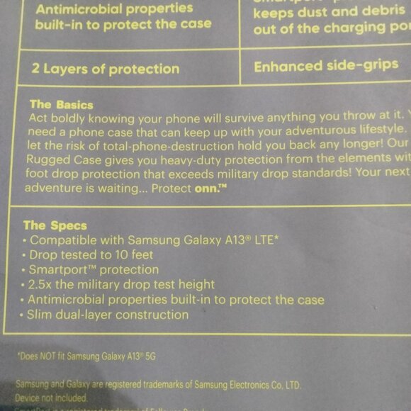 Onn Slim Rugged Phone Case Samsung Galaxy A13 LTE Black Antimicrobial Drop 10 ft - Picture 7 of 7